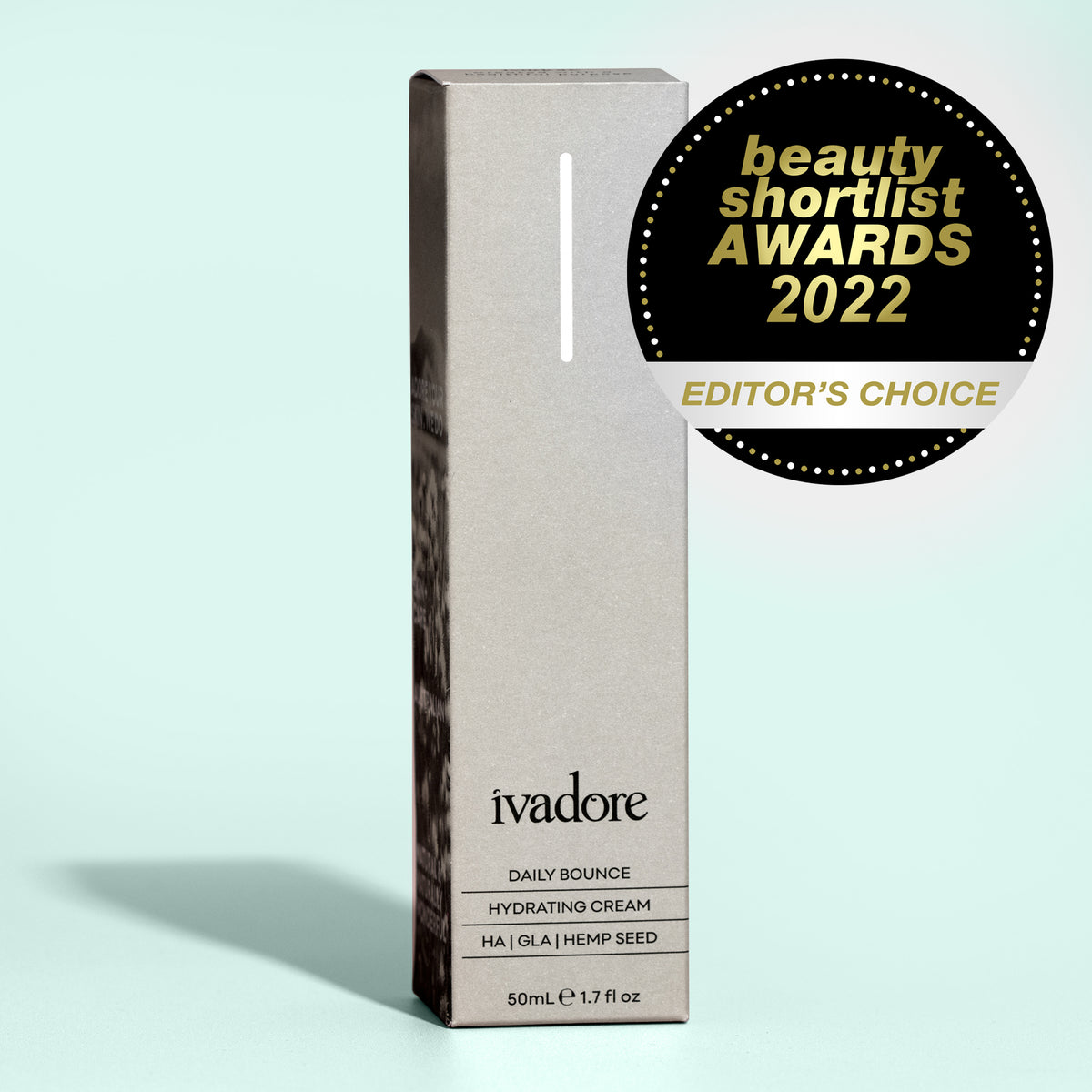 Daily Bounce Face Moisturiser box on mint green background with beauty shortlist 2022 editors choice awards badge