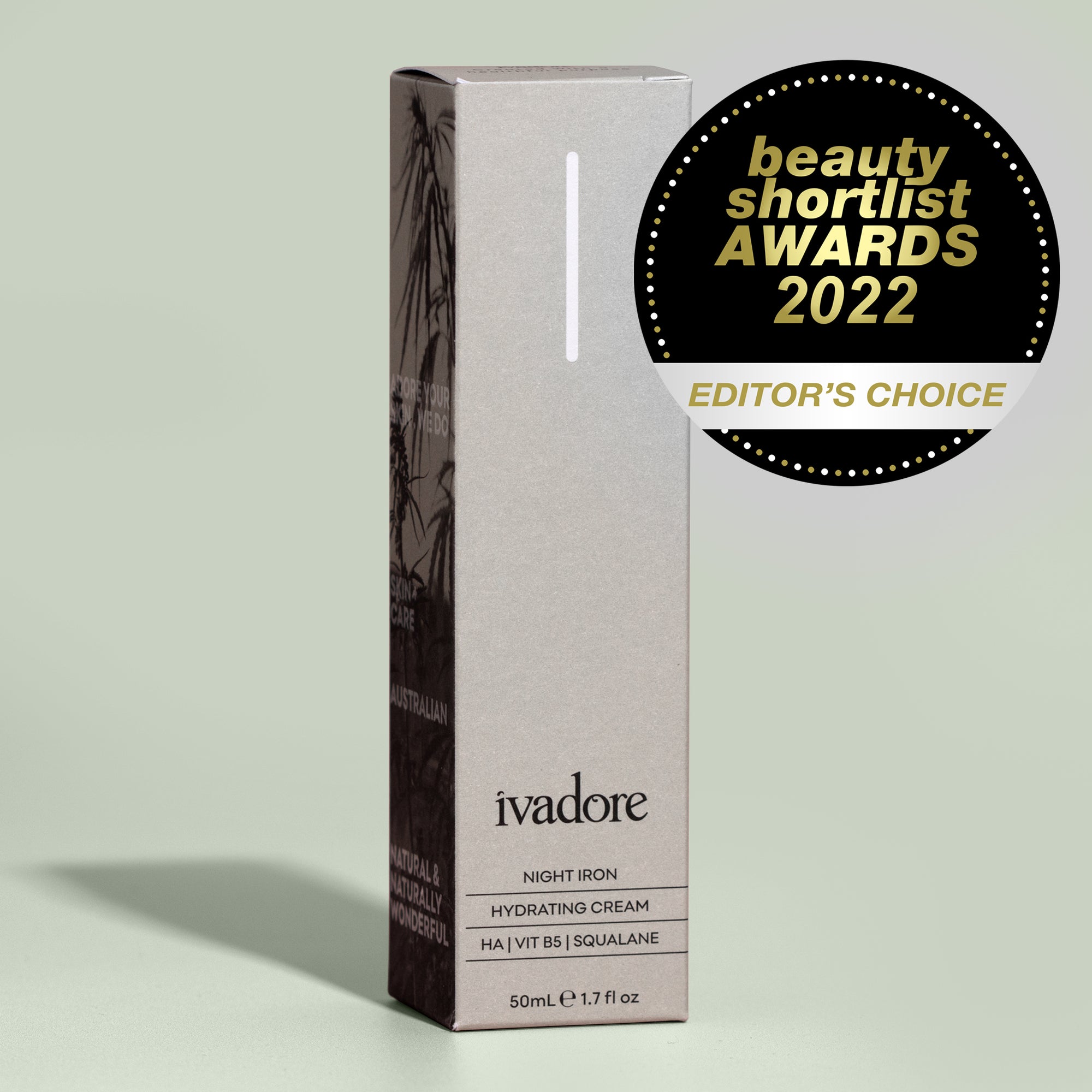 Night Iron retail box on eucalyptus coloured background with beauty shortlist awards 2022 rosette