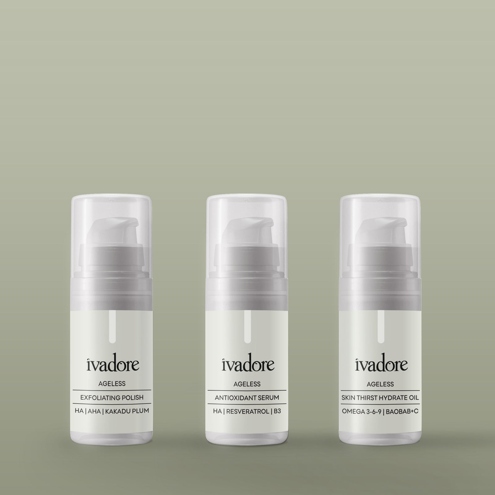 Ageless Skin System Set showing three mini sized bottles