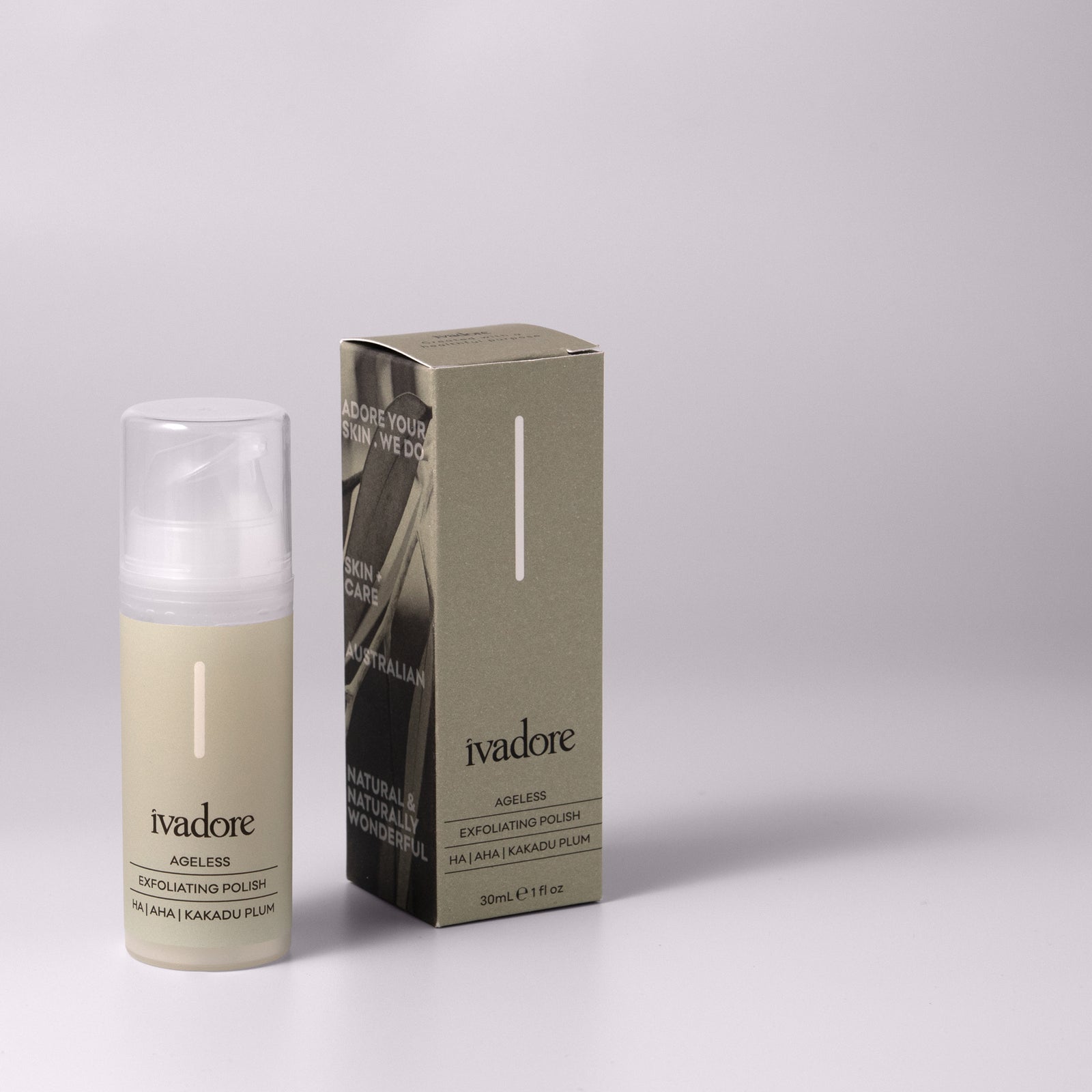 Ivadore Ageless Exfoliating Polish 30mL bottle on khaki linen background