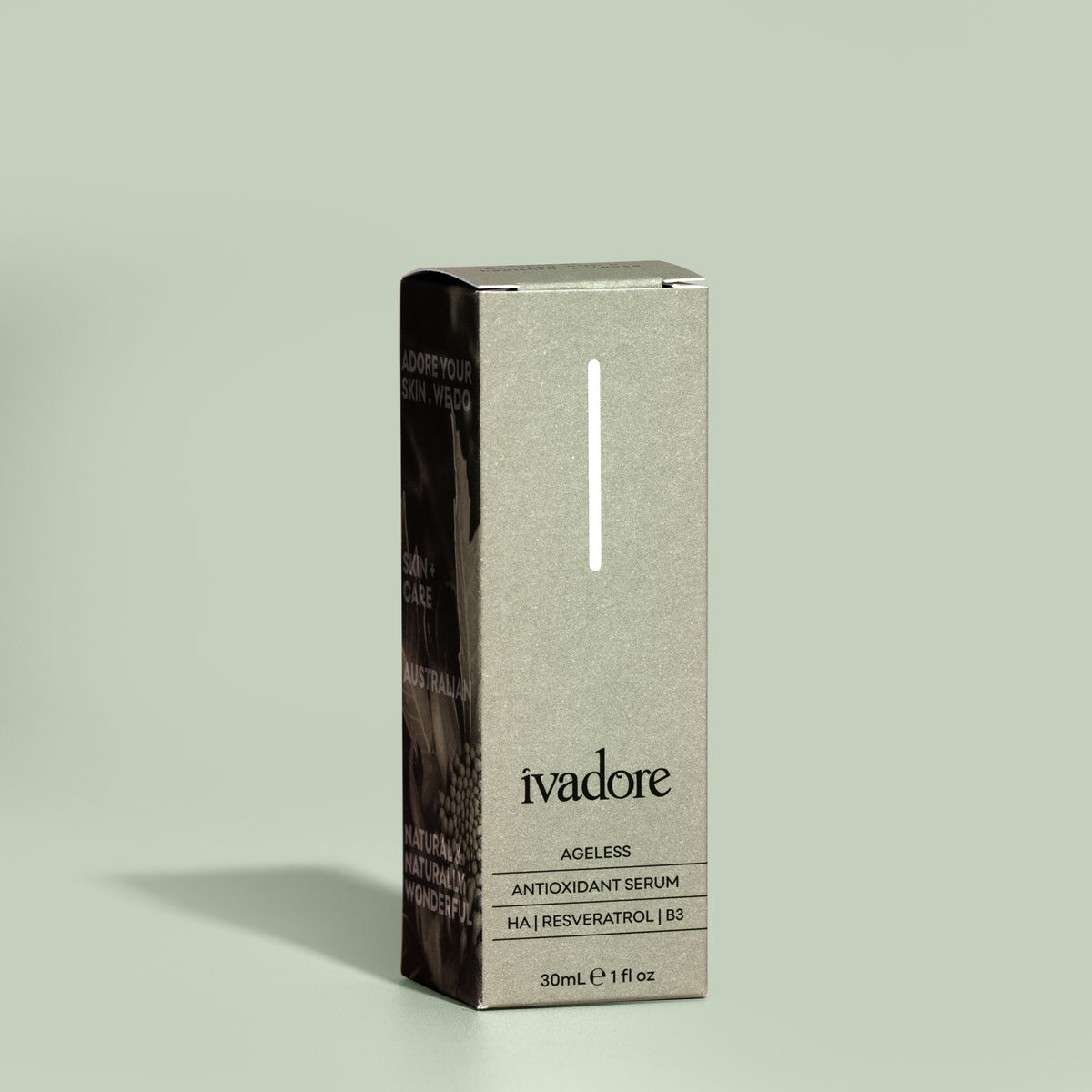 Ageless antioxidant serum packaging box on eucalypt green background with shadow