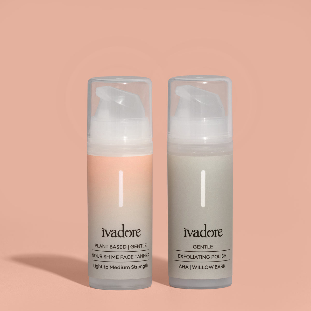 A face tan bottle and an exfoliating polish bottle standing side by side on peach coloured background.