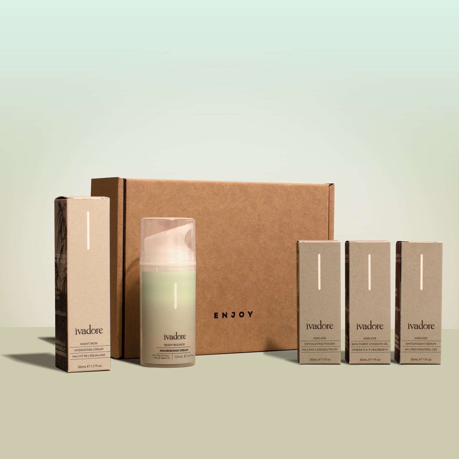 5 piece anti-ageing skincare set with gift box on mint green background