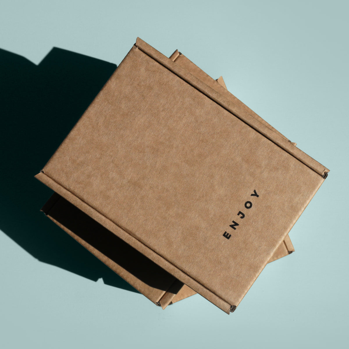 Ivadore recycled kraft paper box view from above on minty green background with &quot;enjoy&quot; written on top